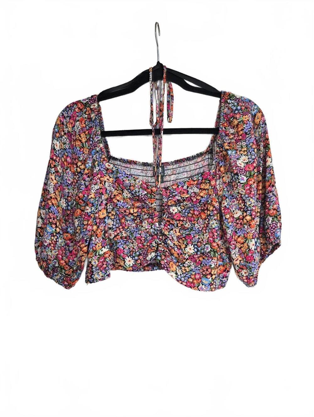 Wild Fable Floral Crop Top with Puff Sleeves and Tie Neck, Size Large